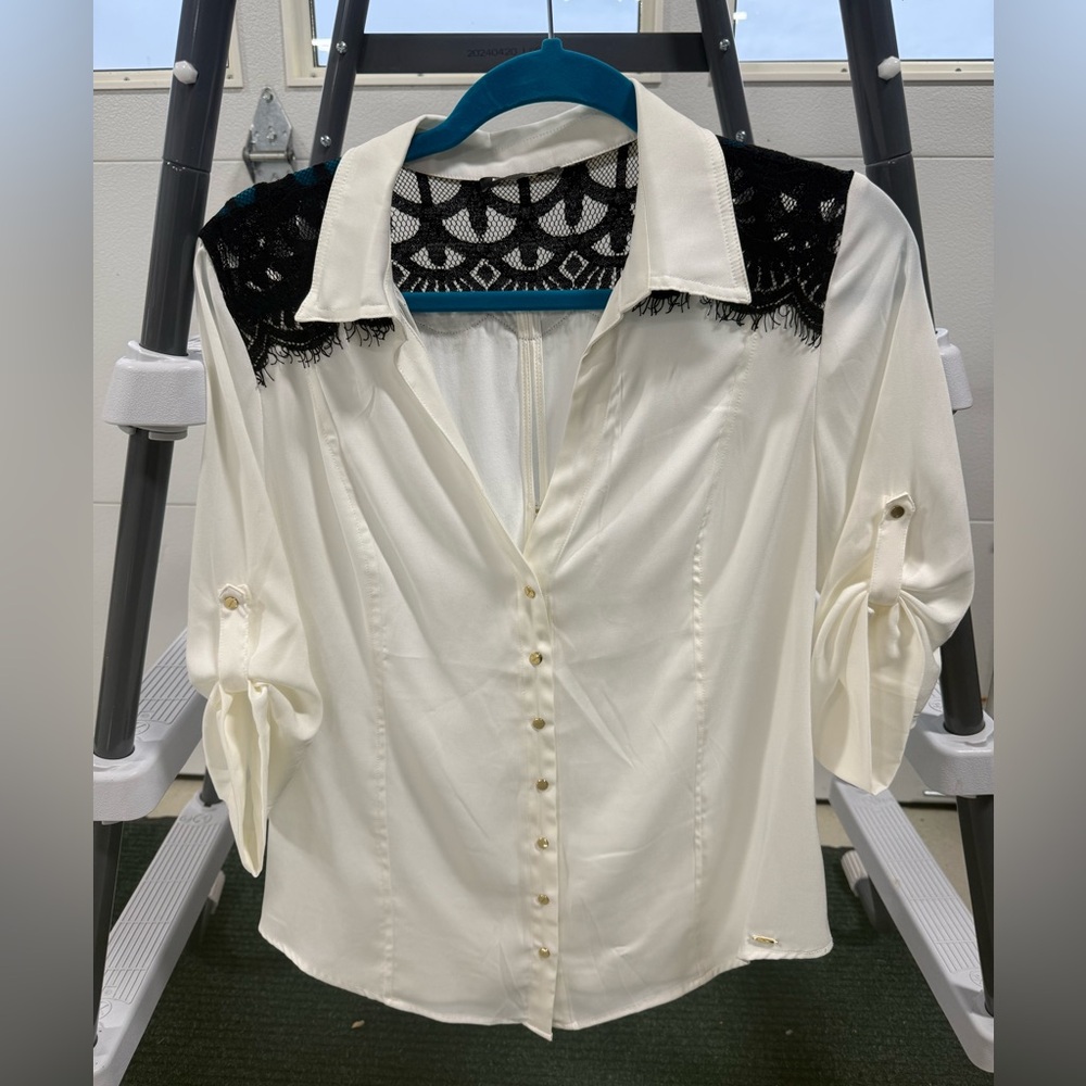 EUC Bebe Women's Cream Button-Front Blouse with Black Lace Details